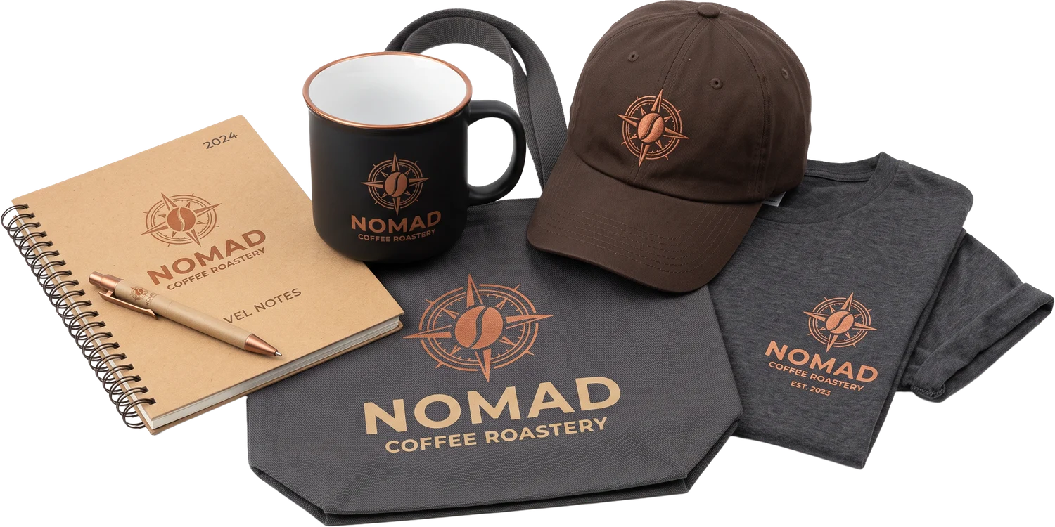 Custom-printed merchandise — t-shirt, cap, mug, tote and hoodie with tasteful one-off designs