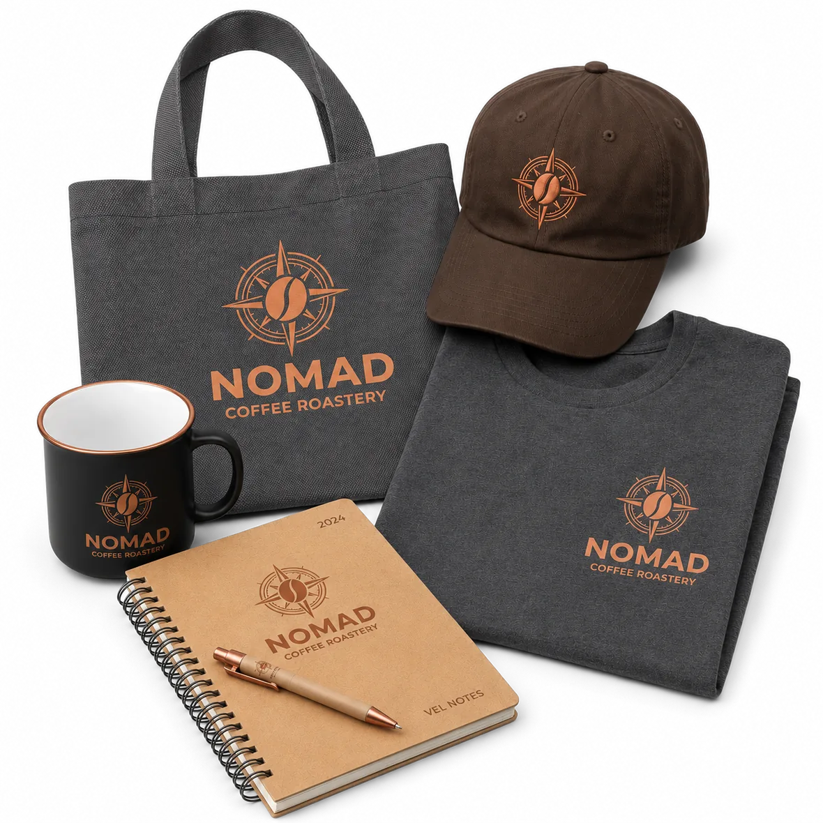 Custom-printed merchandise — t-shirt, cap, mug, tote and hoodie with tasteful one-off designs